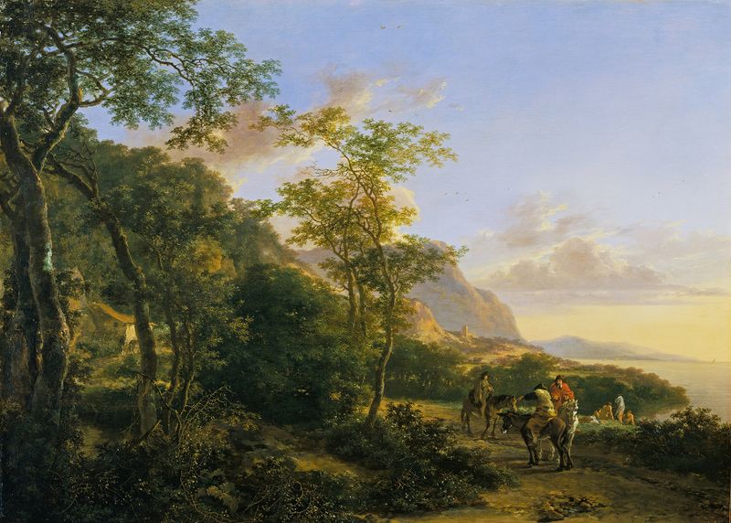 Italian Coast Scene de Jan Both, pintura a óleo com pescadores, ondas e penhascos.