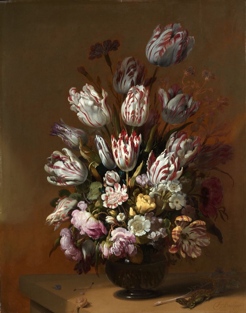 Bodegón floral óleo sobre panel de Hans Bollongier con tulipanes y anémonas