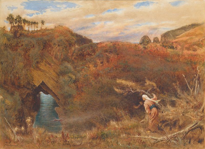 Prince Camaralzaman watching the robber of the Talisman, watercolor on paper by Albert Goodwin