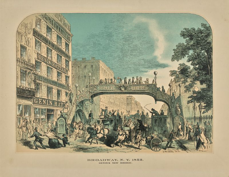 Broadway, N.Y. 1852 pintura a óleo de John William Orr mostrando uma ponte sobre a água.