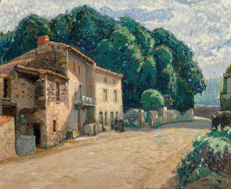 Paisagem Pós-Impressionista de Pierre Gaston Rigaud, retratando uma vila com telhados e jogo de luz.