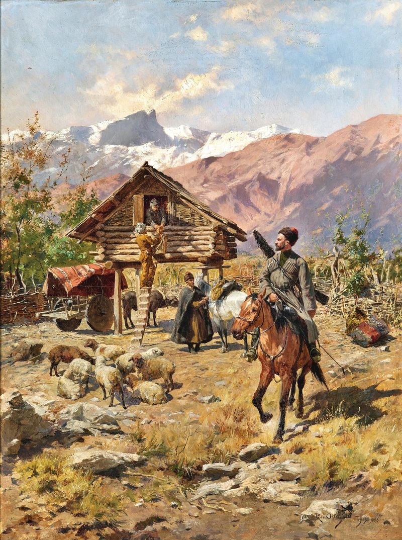 A Village in the Caucasus, pintura a óleo de Rudolf Otto von Ottenfeld que retrata uma paisagem rural.