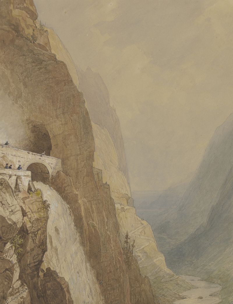 Pintura al óleo de paisaje de Carl Morgenstern con montañas, luz solar y un cielo vibrante