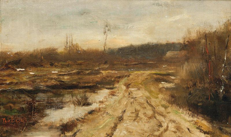 A country path, óleo sobre tela de Théophile de Bock, apresentando um caminho sinuoso através da vegetação exuberante.