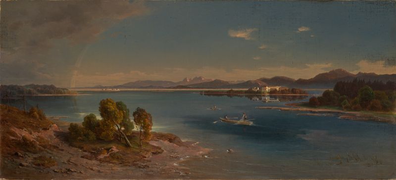 Landscape oil painting by Daniel Fohr depicting a lake and mountains