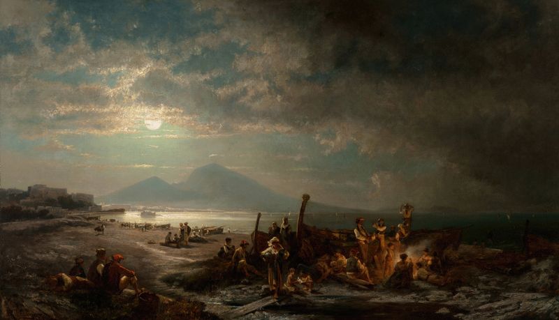 Cena marinha com águas cintilantes de Franz Richard Unterberger, pintura a óleo