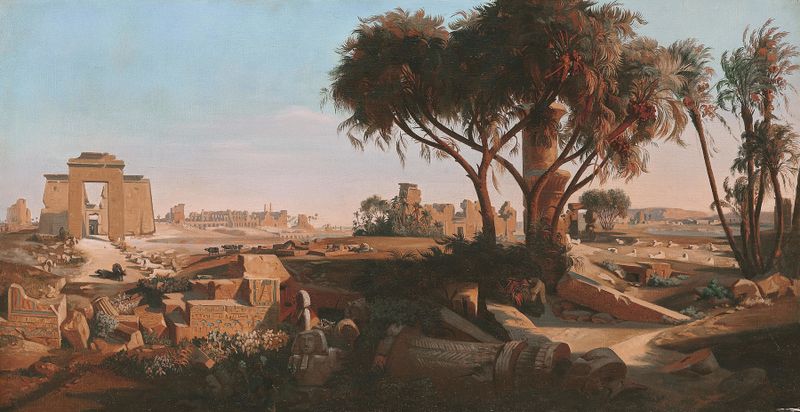 Gravura de Johann Jakob Frey mostrando colunas imponentes e hieróglifos em Karnak