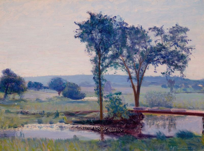 Paisagem com um lago, óleo sobre tela de Francis J. Flanagan