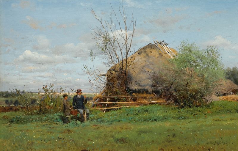 Early Autumn In The Village, oil on canvas by Vladimir Egorovich Makovsky, depicting a village in autumn light.