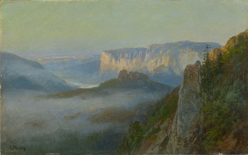 Paisagem nevoenta com floresta de Bernhard Mühlig, óleo sobre tela