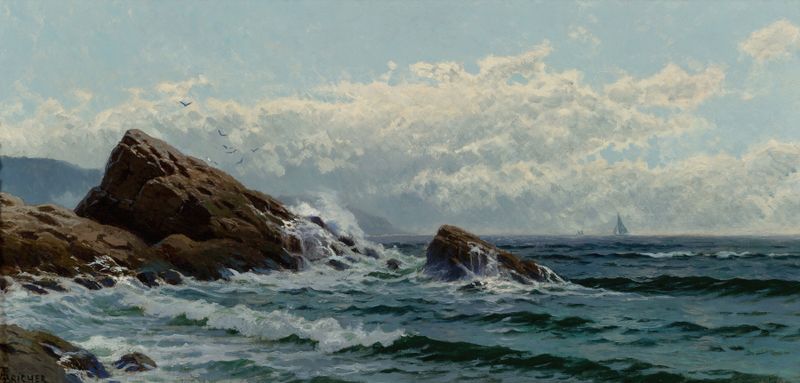 Ondas quebrando sob a luz do sol por Alfred Thompson Bricher, pintura a óleo