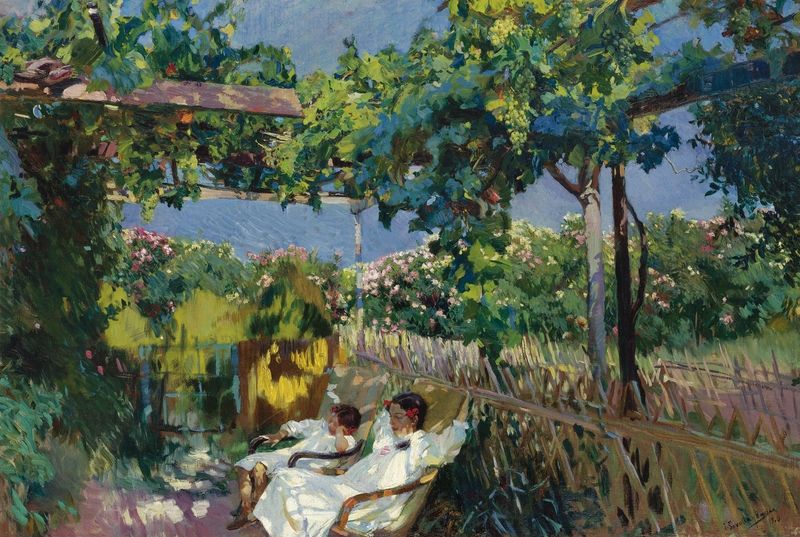 Pintura a óleo de Joaquín Sorolla mostrando uma figura reclinada em um jardim.