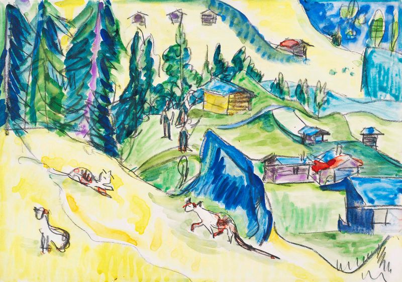 Paisaje expresionista de Ernst Ludwig Kirchner, con montañas, cabañas y gatos.