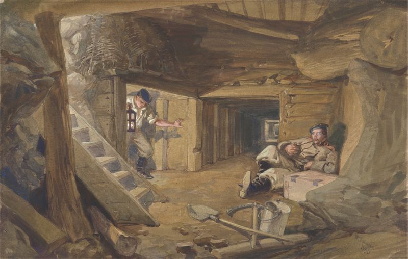 Dibujo histórico de William Simpson que representa a un soldado en un bastión, tinta sobre papel