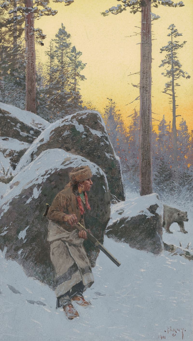 The Indian Bear Hunter, oil on canvas by Henry Farny, shows a hunter in a forest with a bear.