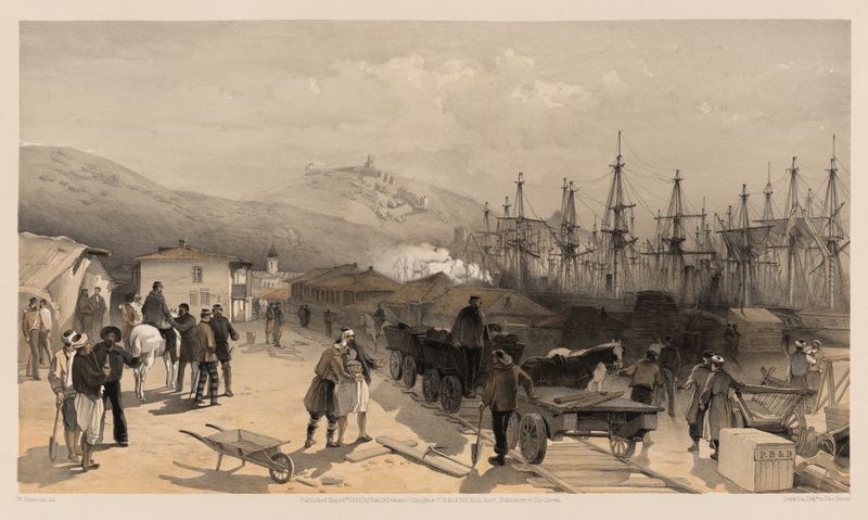 Acuarela de William Simpson que representa las vías del tren en Balaklava