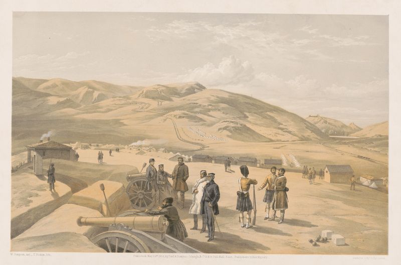 Highland Brigade camp, looking south de William Simpson, aquarela sobre papel, soldados em uma paisagem