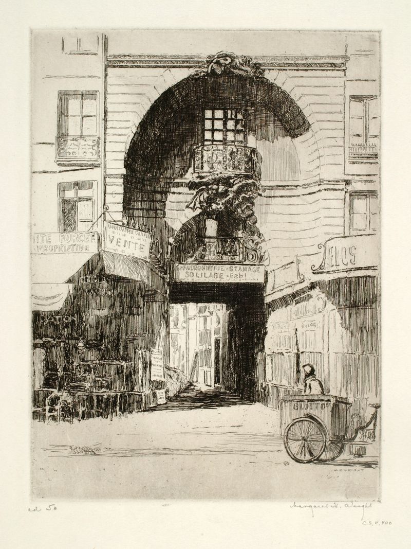 Cour du Dragon, Paris by Margaret H. Wright, oil on canvas depicting a shadowed archway in a melancholic landscape.