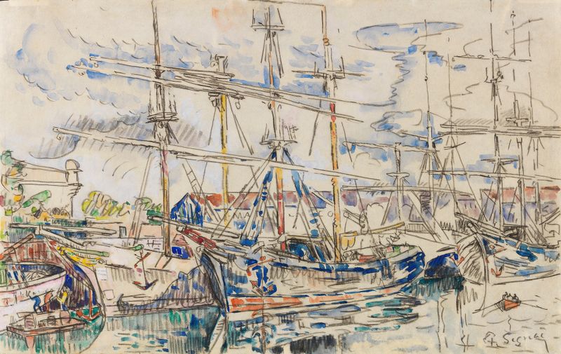 Cena marinha com porto e barcos em pintura a óleo de Paul Signac