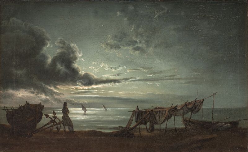 Cena marinha com luz da lua sobre a água de Johan Christian Dahl, pintura a óleo