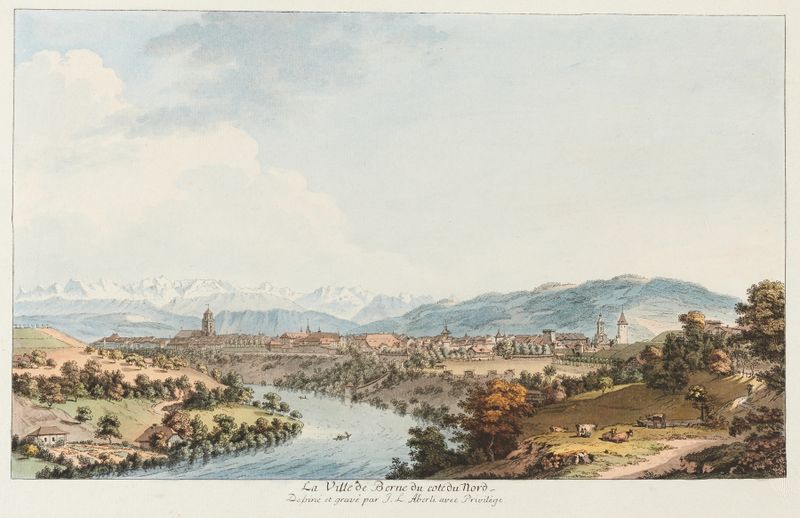 Engraving by Johann Ludwig Aberli depicting rooftops of Bern under midday light.