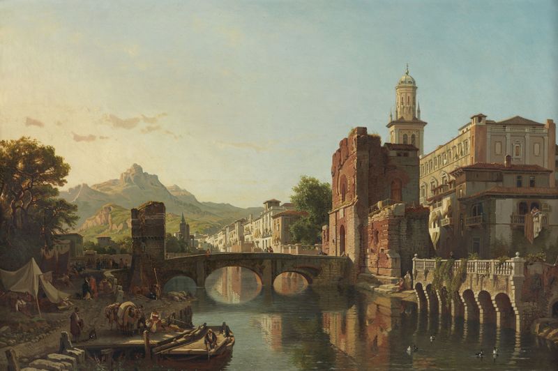 Cityscape in Spain de François Antoine Bossuet, pintura a óleo que retrata telhados sob um céu ensolarado.