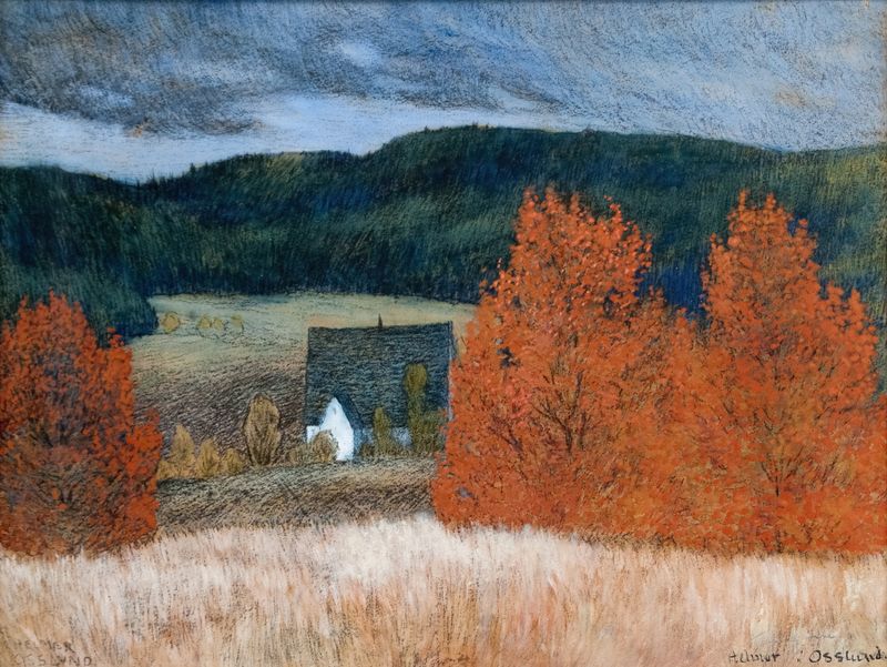 Autumnal Mood Jämtland by Helmer Osslund, oil on canvas depicting vibrant autumn foliage.