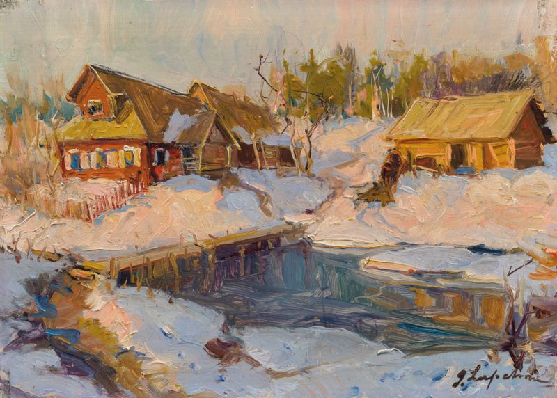 La Russie enneigée, óleo sobre tela de Georgy Alexandrovich Lapchine retratando uma paisagem de inverno.