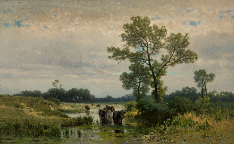 Cows Crossing the River de Walery Brochocki, realismo, representa vacas junto a un río al amanecer.