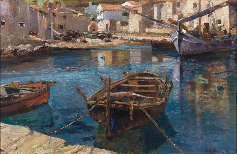 Fishing boats in the harbour, oil on canvas by Leontine von Littrow