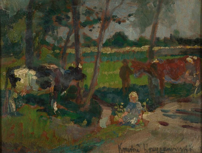 Landscape by Konrad Krzyżanowski, oil on canvas depicting a vibrant field of greenery.