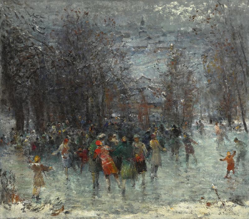 The Skaters by Oldřich Blažíček, oil on canvas, depicting skaters gliding on ice.