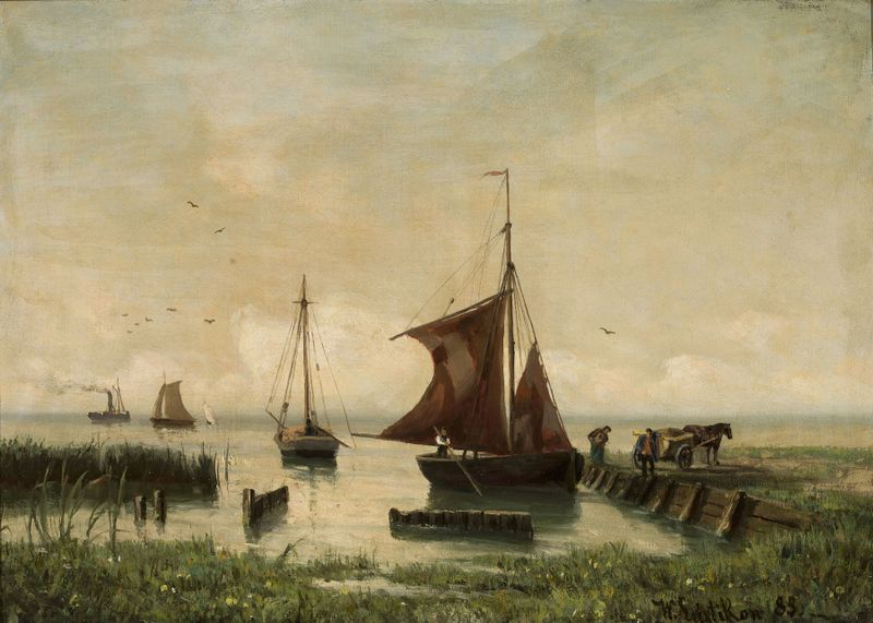 Veleros en la orilla del lago, pintura al óleo de Walter Leistikow