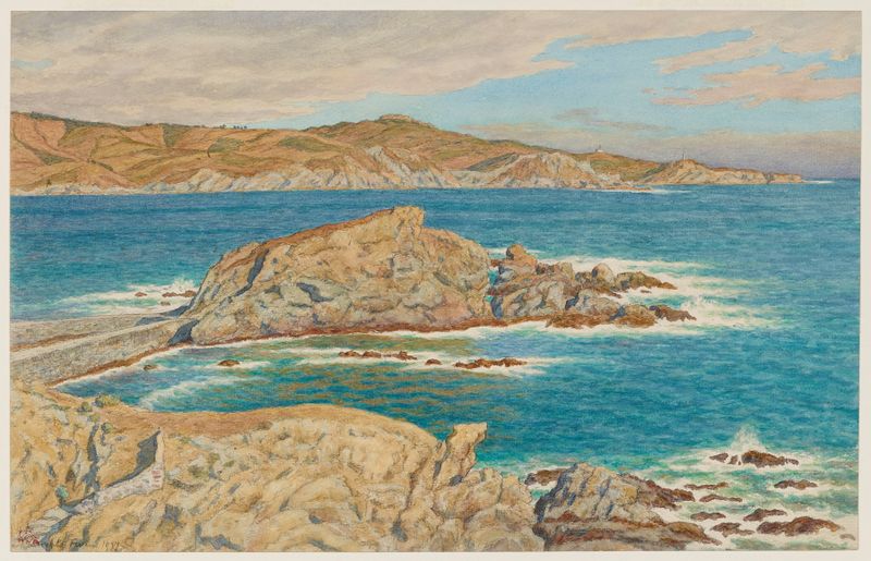 Litografía de Henri Rivière que representa un paisaje costero sereno con colores suaves.