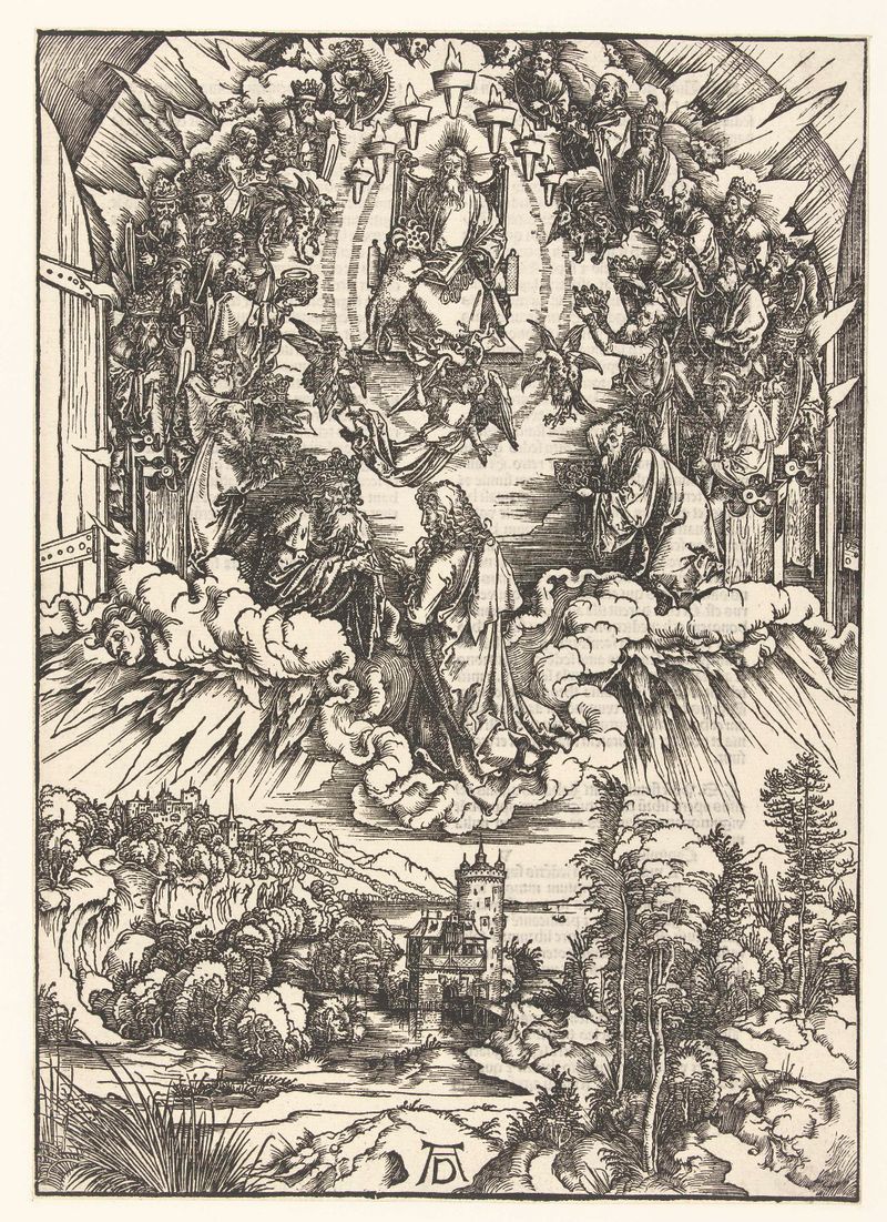 Gravura de Albrecht Dürer mostrando João de joelhos diante de Cristo e do cordeiro com sete chifres e sete olhos