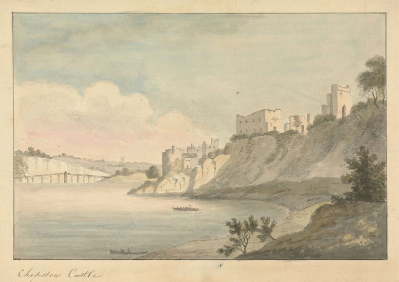 Chepstow Castle watercolor by Edward Francis Burney, depicting a landscape with a castle and greenery.