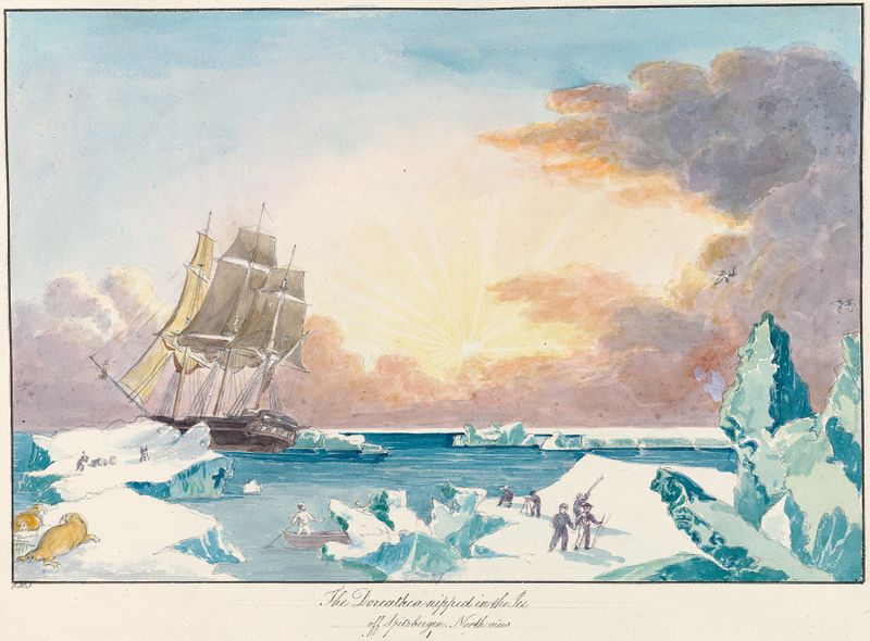The Doreathea Nipped in the Ice off Spitzbergen, North View de Charles Hamilton Smith, óleo de um navio em águas geladas.