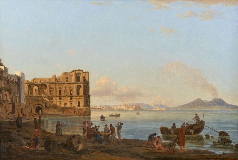 Marine scene of the bay of Naples with Palazzo Donna Anna, oil painting by Joseph Rebell
