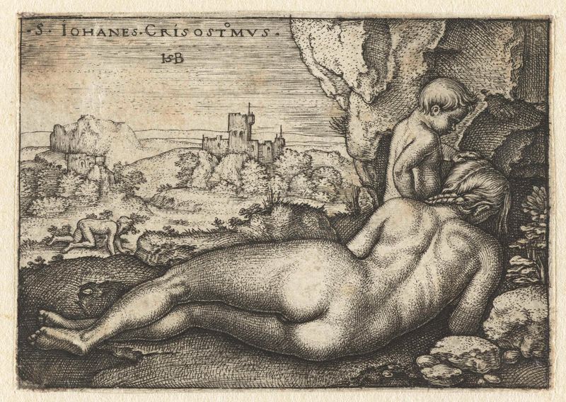 Grabado de Hans Sebald Beham que representa a San Juan Crisóstomo como un ermitaño en el desierto.
