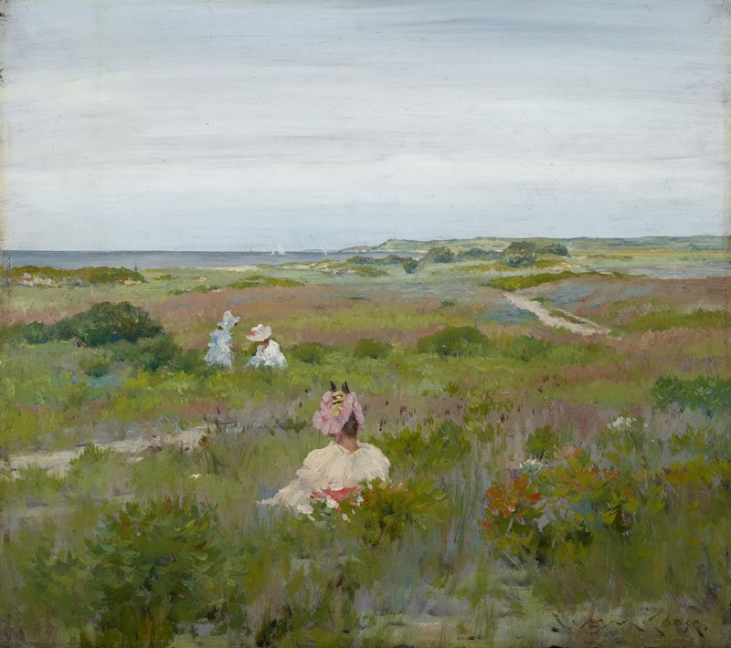 Landscape; Shinnecock, Long Island de William Merritt Chase, óleo sobre tela mostrando colinas e luz do sol.