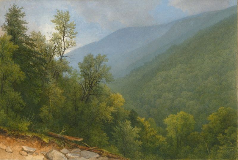 Pintura a óleo de Frederick Frank Durand mostrando um vale com um rio e colinas enevoadas.