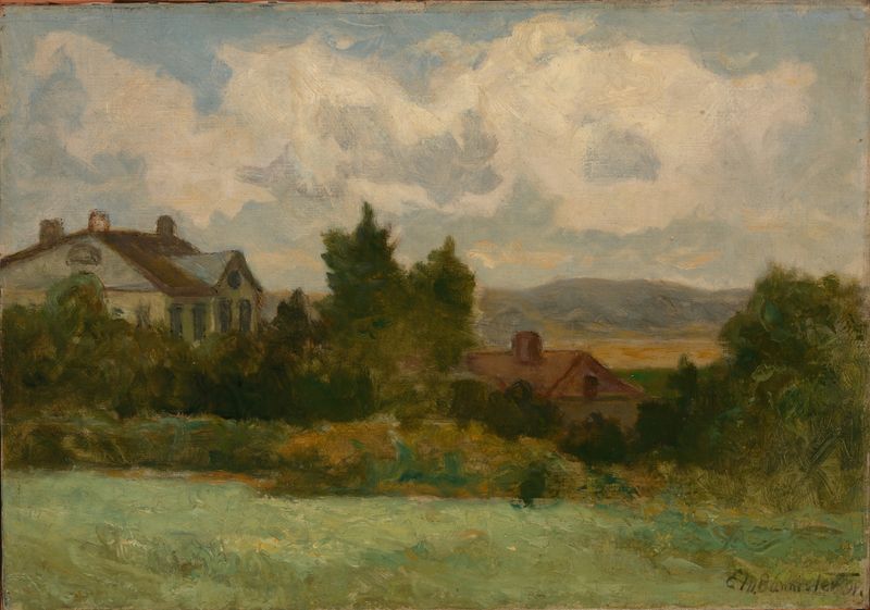 Untitled (houses and trees) pintura al óleo de Edward Mitchell Bannister que muestra casas y árboles en un paisaje sereno.