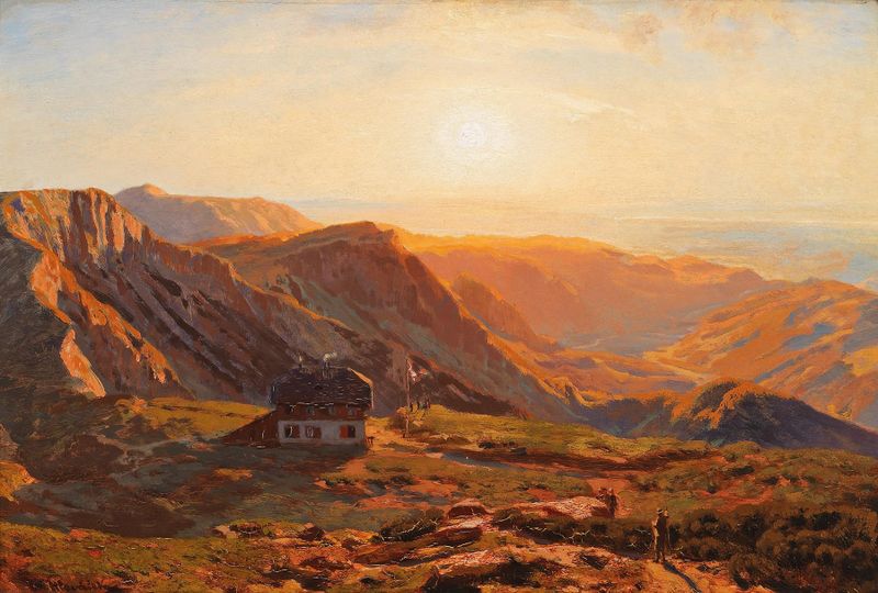 Paisaje alpino con flores silvestres y montañas, pintura al óleo de Anton Hlavacek