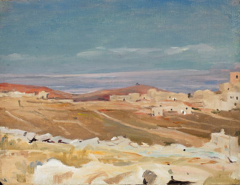 Paisagem de Post-Impressionismo por Jan Ciągliński, apresentando telhados e um céu azul.