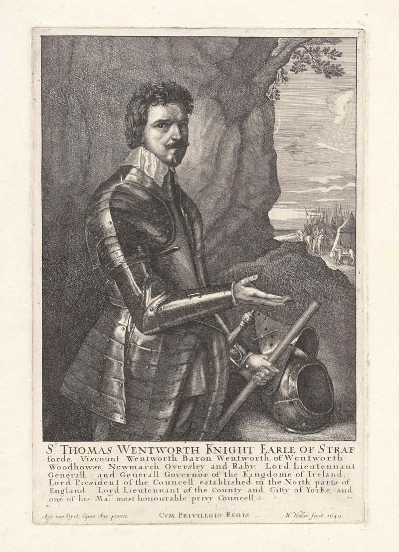 Gravura de Wenceslaus Hollar retratando Thomas Wentworth em roupas escuras