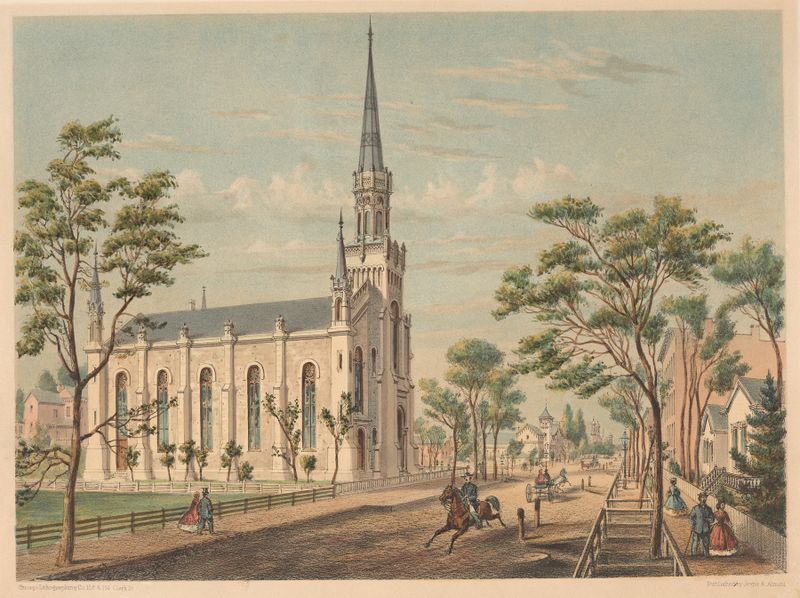 Gothic lithograph of Third Presbyterian Church by Chicago Lithographing Co.
