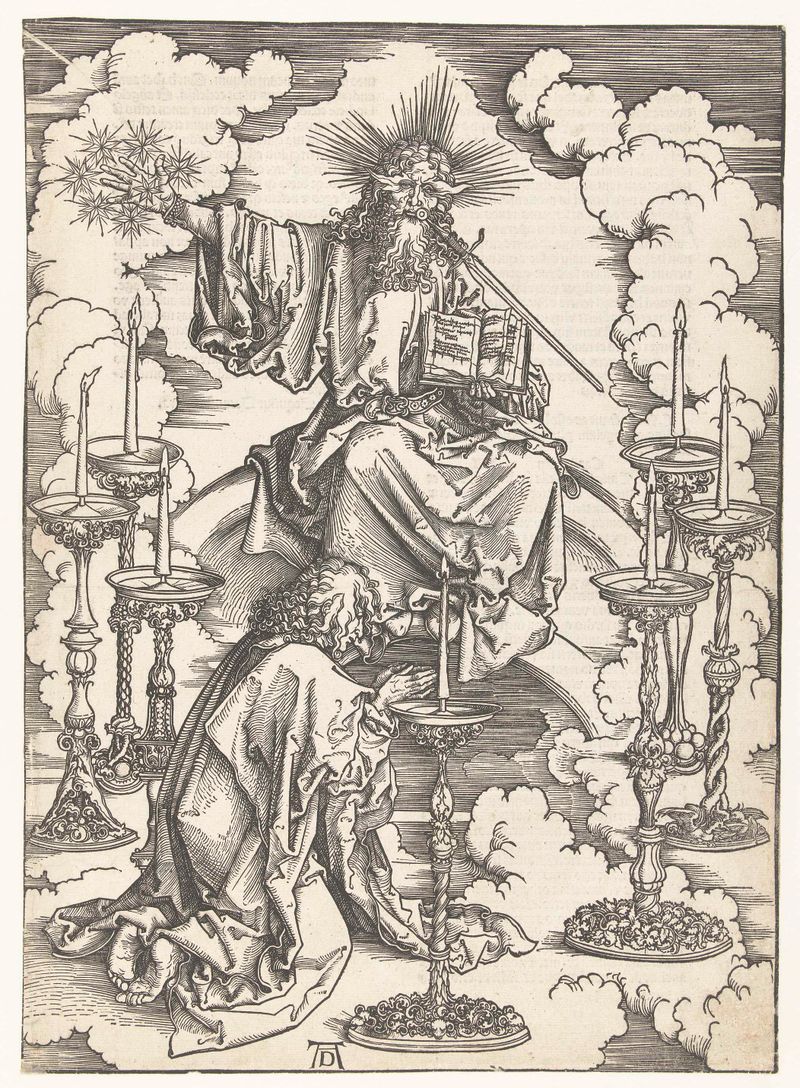 Gravura de Albrecht Dürer de Johannes ajoelhado diante de Cristo com sete candelabros.