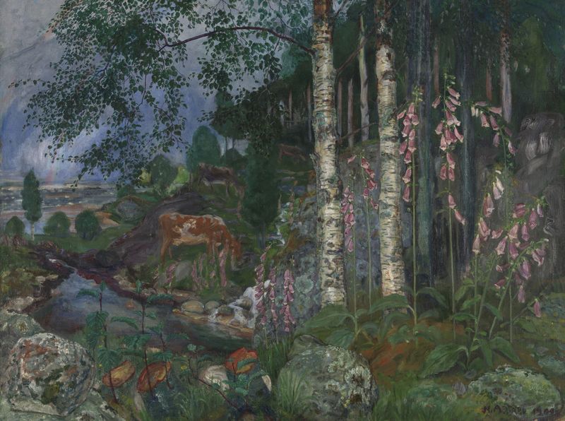 Foxgloves by Nikolai Astrup, oil on canvas featuring vibrant foxgloves and lush greenery.