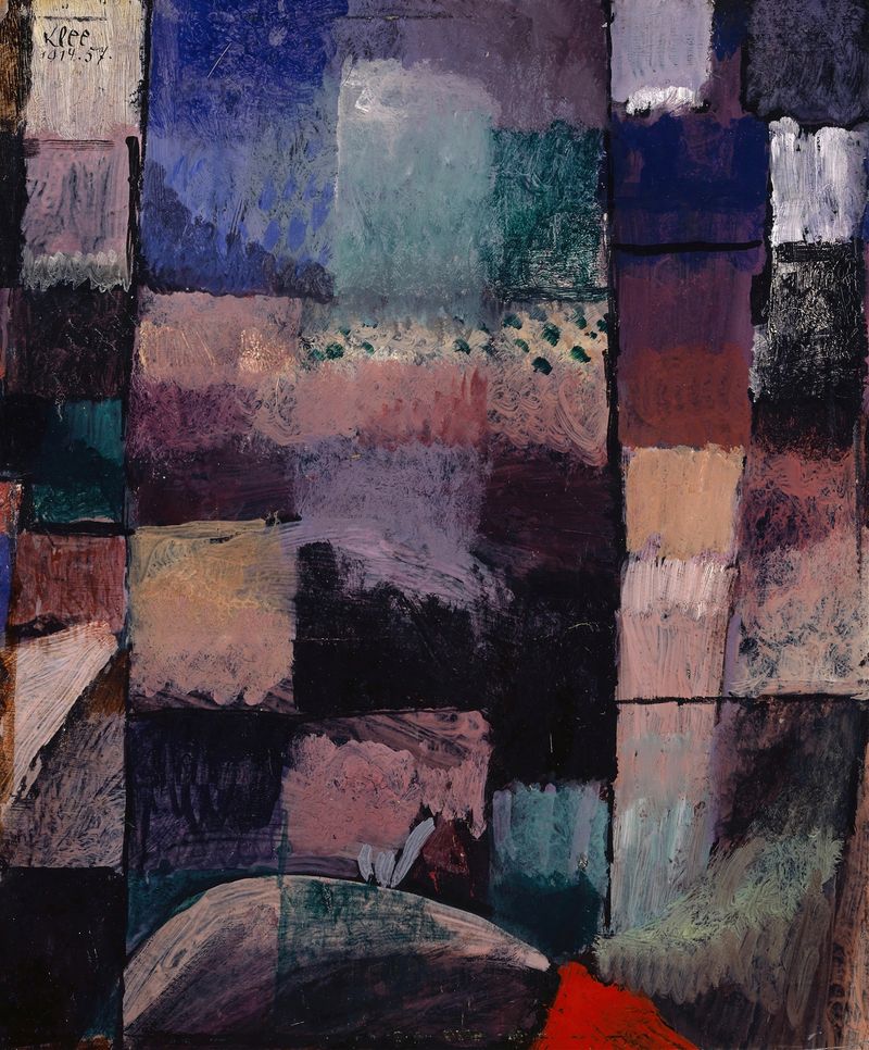 Composición abstracta de Paul Klee, 1914, con tonos vibrantes y luz suave.