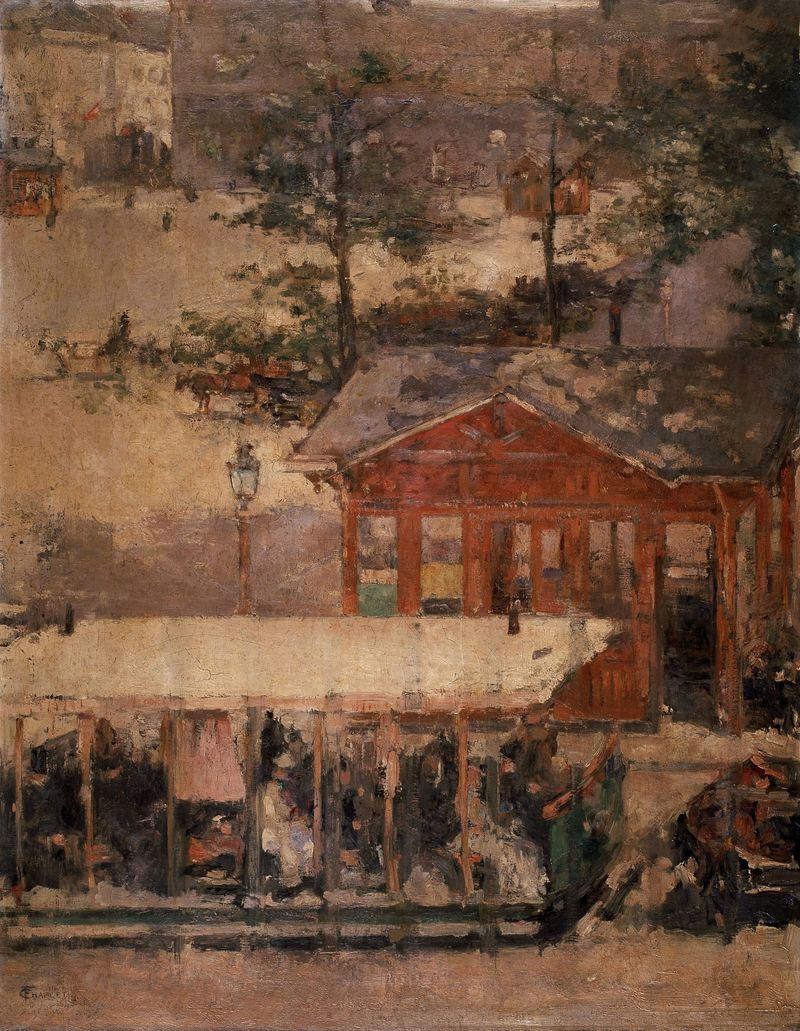 Pintura al óleo de paisaje de Frantz Charlet que representa una plaza con edificios históricos.